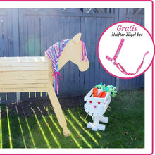 Lade das Bild in den Galerie-Viewer, Indoor Holzpferd natur 80 cm inkl Halfter Zügel Set